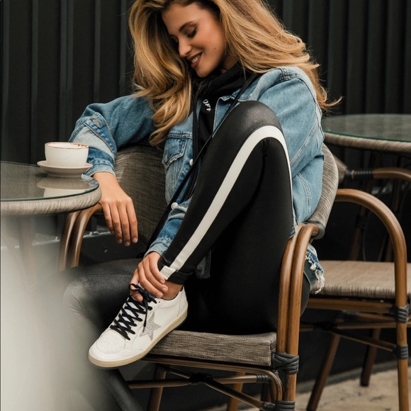 EUC SPANX Faux Leather High Rise Side Stripe Black White Leggings L - Picture 7 of 8